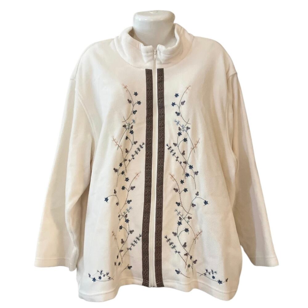 TEDDI Women's Cream W/ Floral Embroidered Comfy Full Zip Fleece Jacket SZ 3X